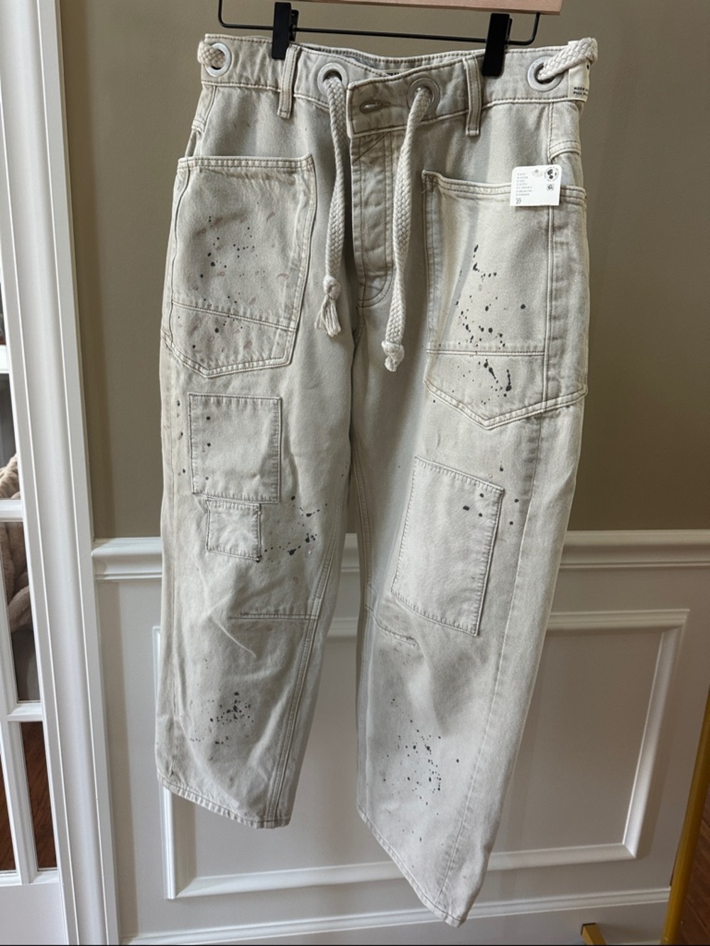 Free People Moxie Cream Utility Cargo Jeans with Rope Drawstring